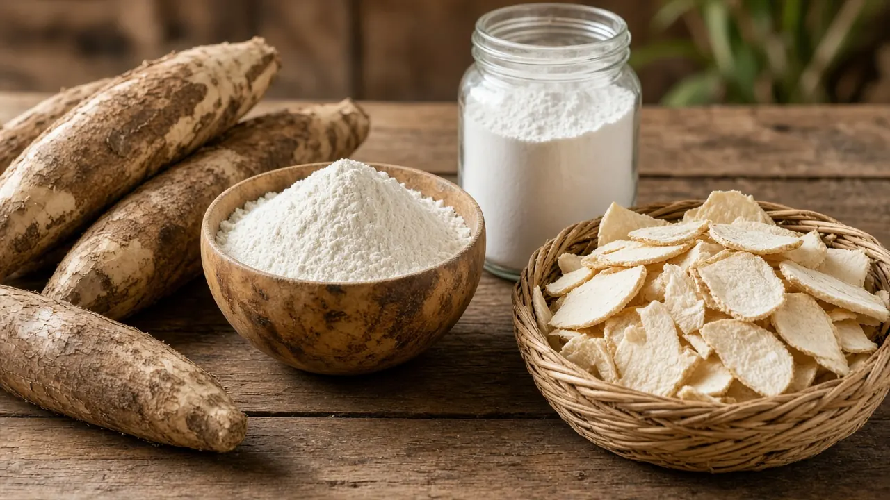Cassava roots beside a bowl of flour, a jar of starch and a basket of cassava chips on a wooden table.