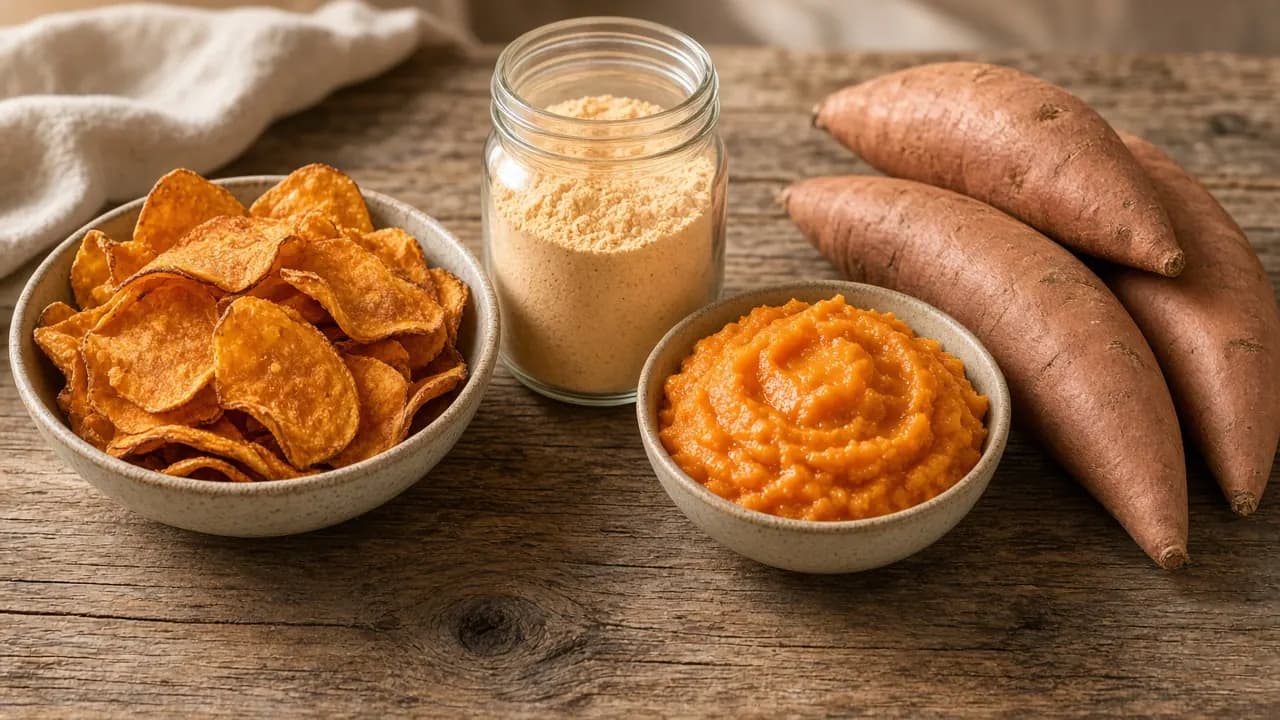 A bowl of sweet potato chips, a jar of flour and a bowl of puree beside whole sweet potatoes on a wooden table.