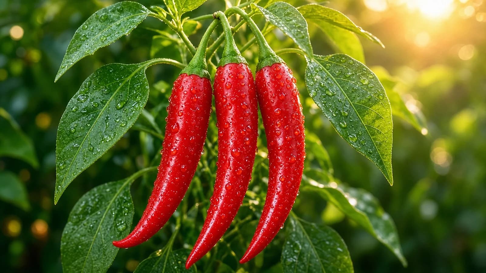 Three glossy red chilli peppers hanging from a green plant, with water droplets, fresh leaves, and warm sunrise light.