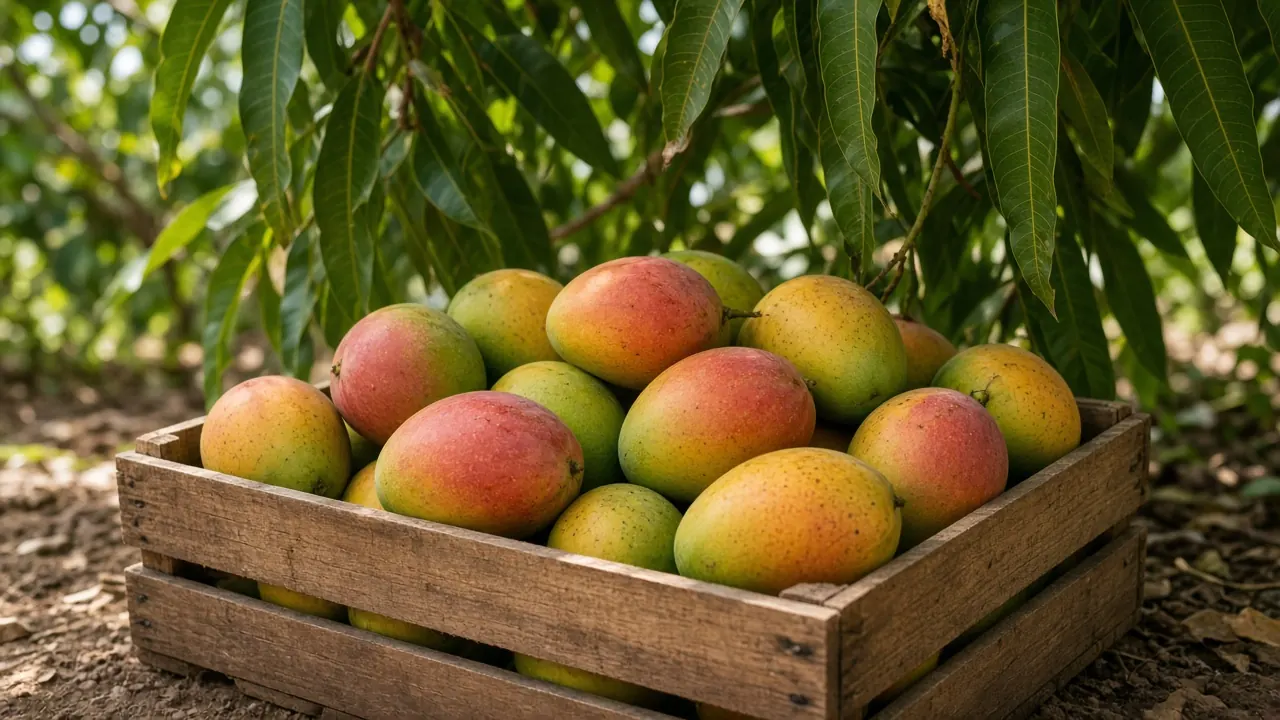 Ripe mangoes with red and yellow skin packed in a wooden crate under a mango tree.